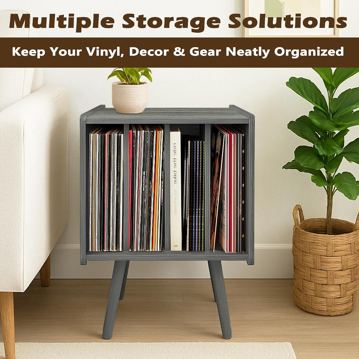 Record Player Stand, Vinyl Record Storage Table with 4 Cabinet, Mid Century Modern Turntable Stand, Organizer Vinyl Table for Bedroom Living Room, Eucalyptus