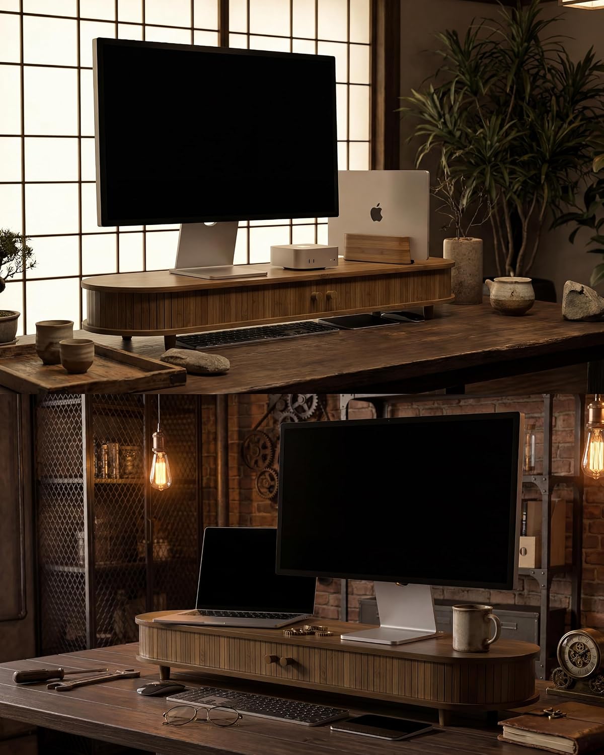 42 Inch Curved Dual Monitor Stand Riser with Storage Desk Shelf