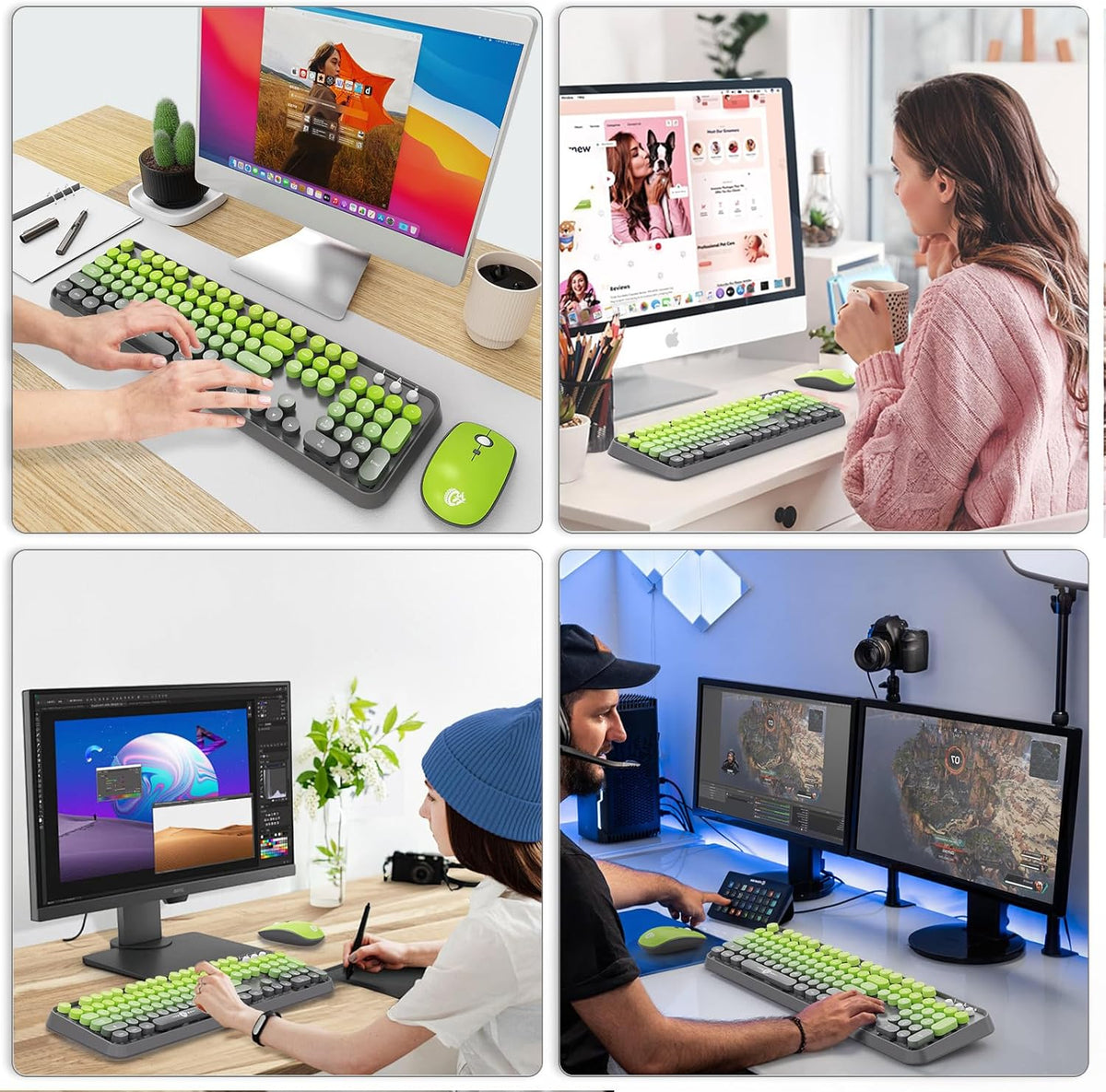 FOPETT Wireless Keyboard and Mouse Combo - 2.4G Full-Sized Cute Colorful Mouse and Keyboard with 104 Round Keys Retro Typewriter Keyboard for Laptop/Windows/PC - Grey Green