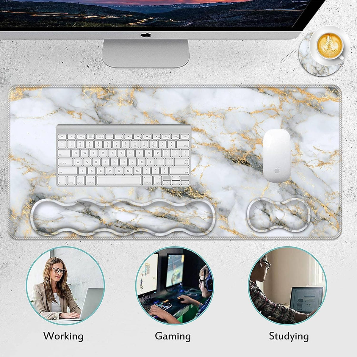 Mouse Pad Set,(31.5×11.8 in) Desk Pad + Keyboard Wrist Rest Support + Mouse Wrist Rest + Coaster for Office,Home,Computer,Laptop - 4 Gray Gold Marble