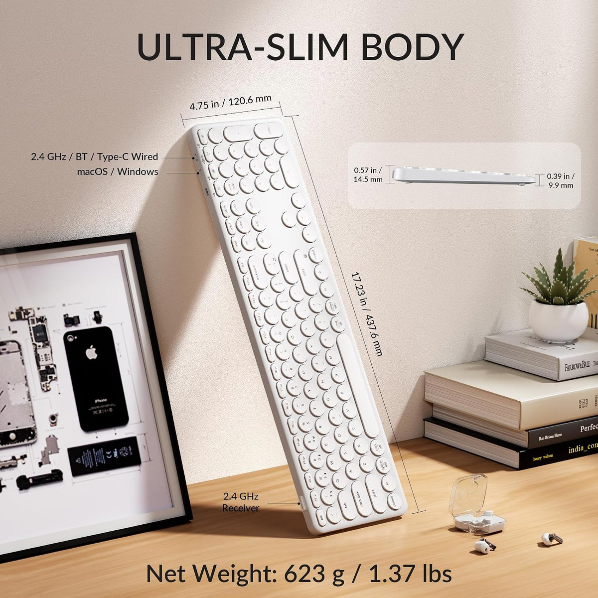 Keychron B5 Pro Ultra-Slim Full-Size Wireless Keyboard, 112-Key Layout with Number Pad, 2.4 GHz Bluetooth 5.2 USB-C, 1000 Hz Polling, Launcher, 300 Hours Working Time, Mac Windows Linux - Ivory White