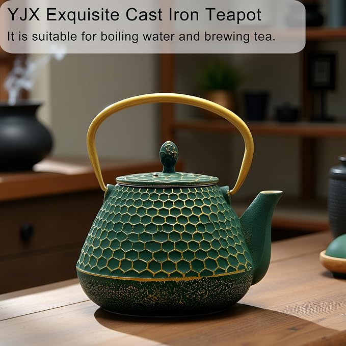 YJX Cast Iron Teapot and Tea Cups Set, 33.8oz Hexagon Pattern Tea Set