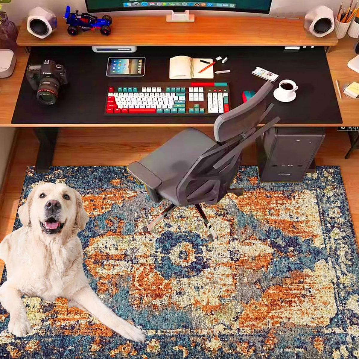 Office Chair Mat for Hardwood Floor, 48"x60" Desk Chair Mats for Rolling Chair Easy to Clean, Anti-Slip Floor Protector Rug Easy Glide Desk Computer Chair Mat for Hard Floor Home Office(Blue Orange)