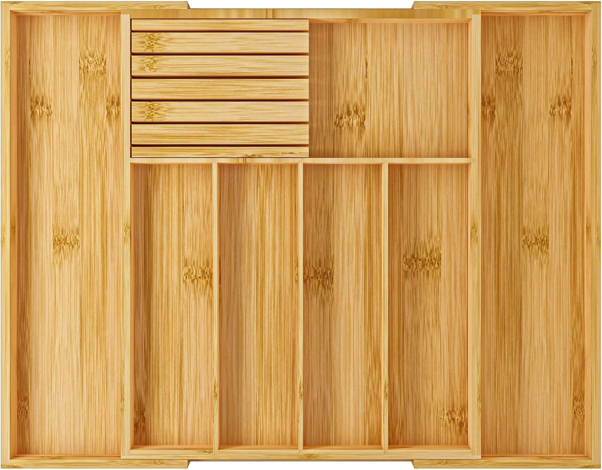 Silverware Organizer with Removable Knife Block - Bamboo Utensil Organizer for Kitchen Drawers Expandable Cutlery Organizer W12.8-20.2" x L16 x H2 (Yellow)