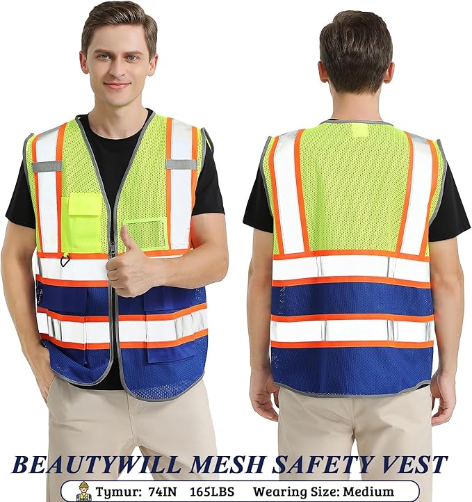 Custom Safety Vest Customized Logo Mesh Vest Class 2 High Visibility Reflective Vest with Pockets Blue workwear(Yellow Blue,XXL)