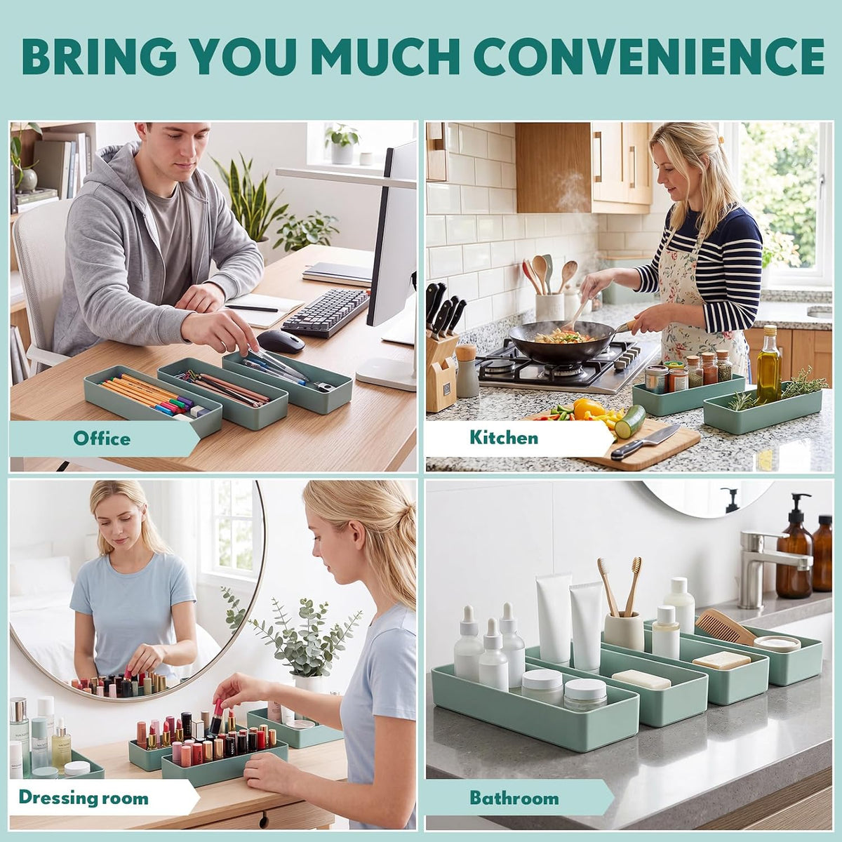 Teling 12 Pcs Sage Green Plastic Desk Drawer Organizer Pen Tray Shallow