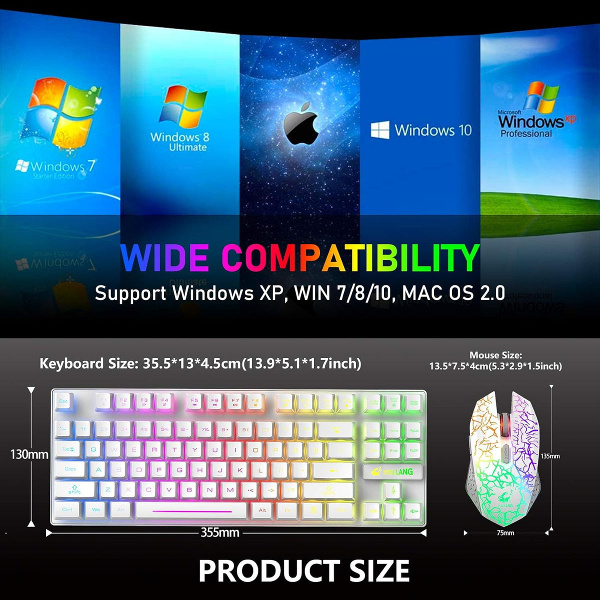 Wireless Membrane Gaming Keyboard and Mouse Set with 87Key Tenkeyless-White