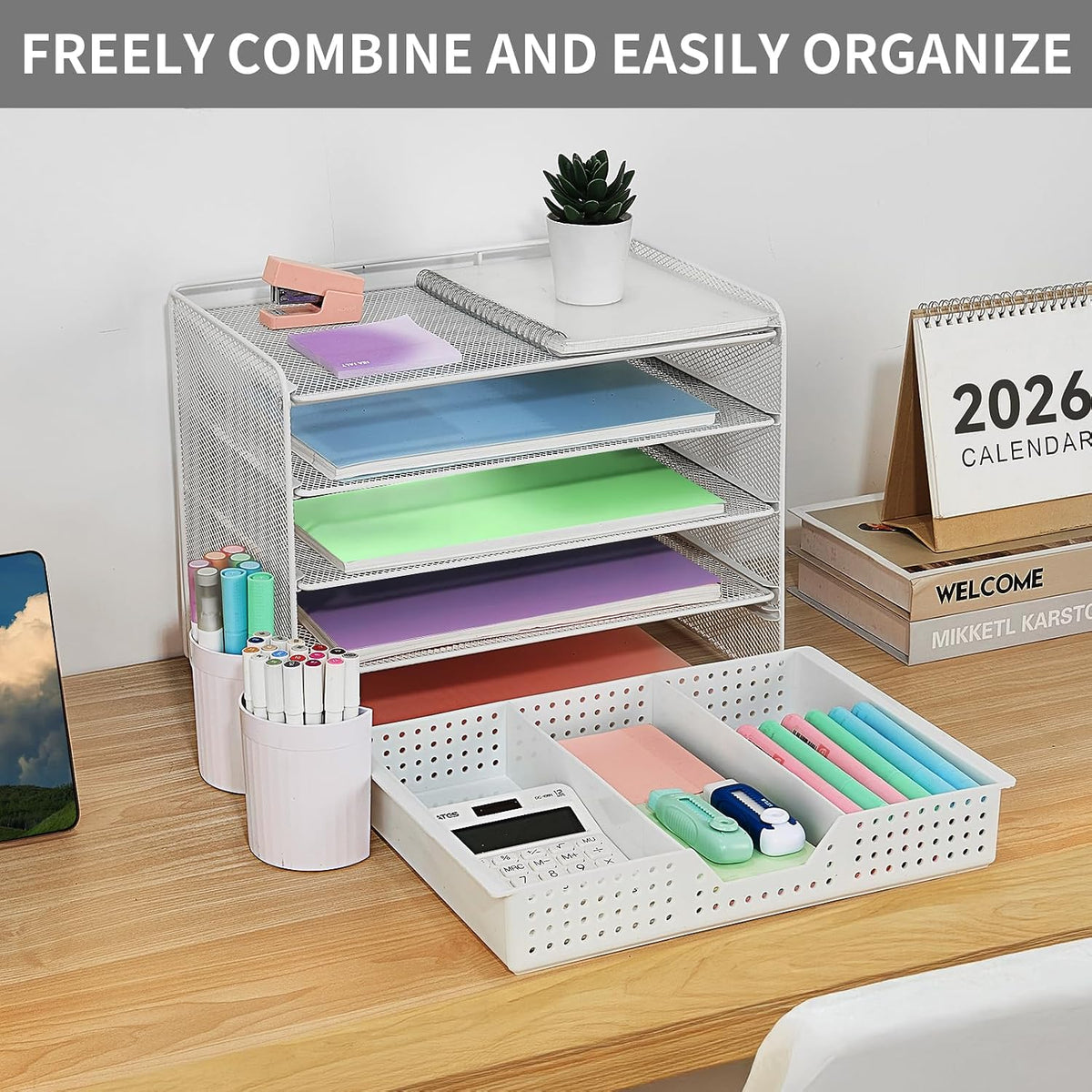LEKETREE Desk Organizer and Accessories, 5-Tier Paper Letter Tray Organizer with Drawer & 2 Pen Holders for Desktop File Organization, Office Desk Accessories for Supplies Storage (White)