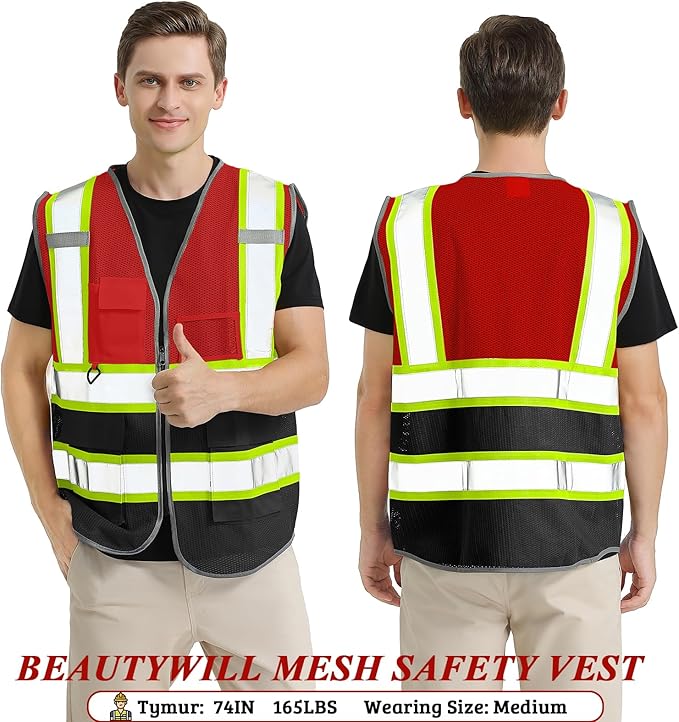5 Pack Custom Safety Vest Customized Logo Mesh Vest Class 2 High Visibility Reflective Vest with Pockets Workwear(Red Black,XL )