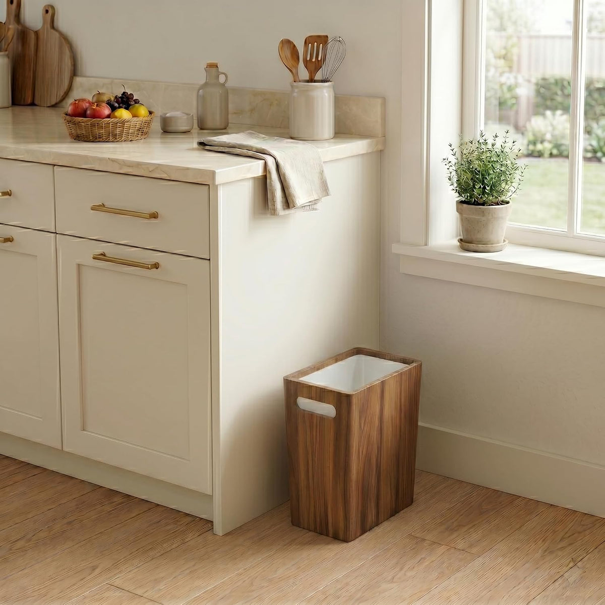 Coeusy 3 Gallon Wood Trash Can with Liner,Small Wooden Bathroom Trash Can