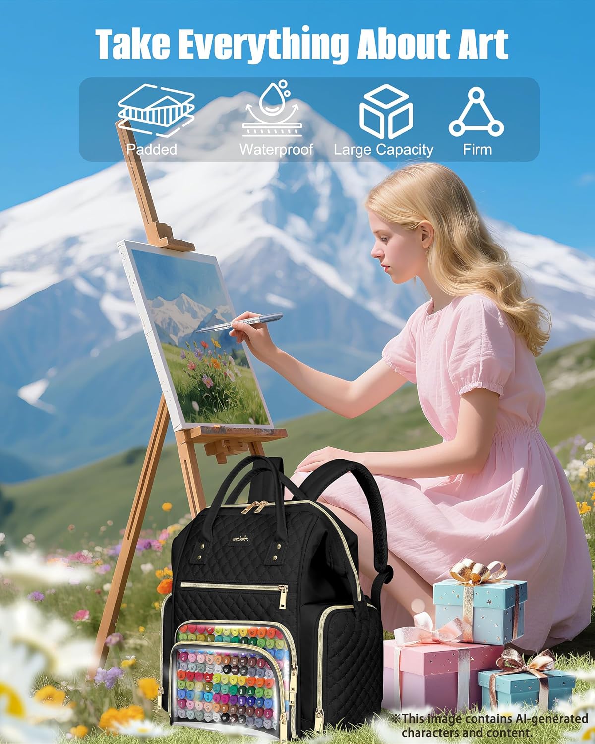 Marker Organizer Case Bag, Large Markers Storage Backpack with USB Port for Artists, Illustrators, Creatives, Pen Travel Holder Case Bag for Art Creativity Craft Supply, Black