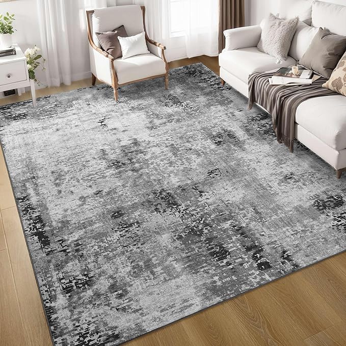 Living Room Rug 8x10 Gray Area Rugs Machine Washable Abstract Boho Large Rug