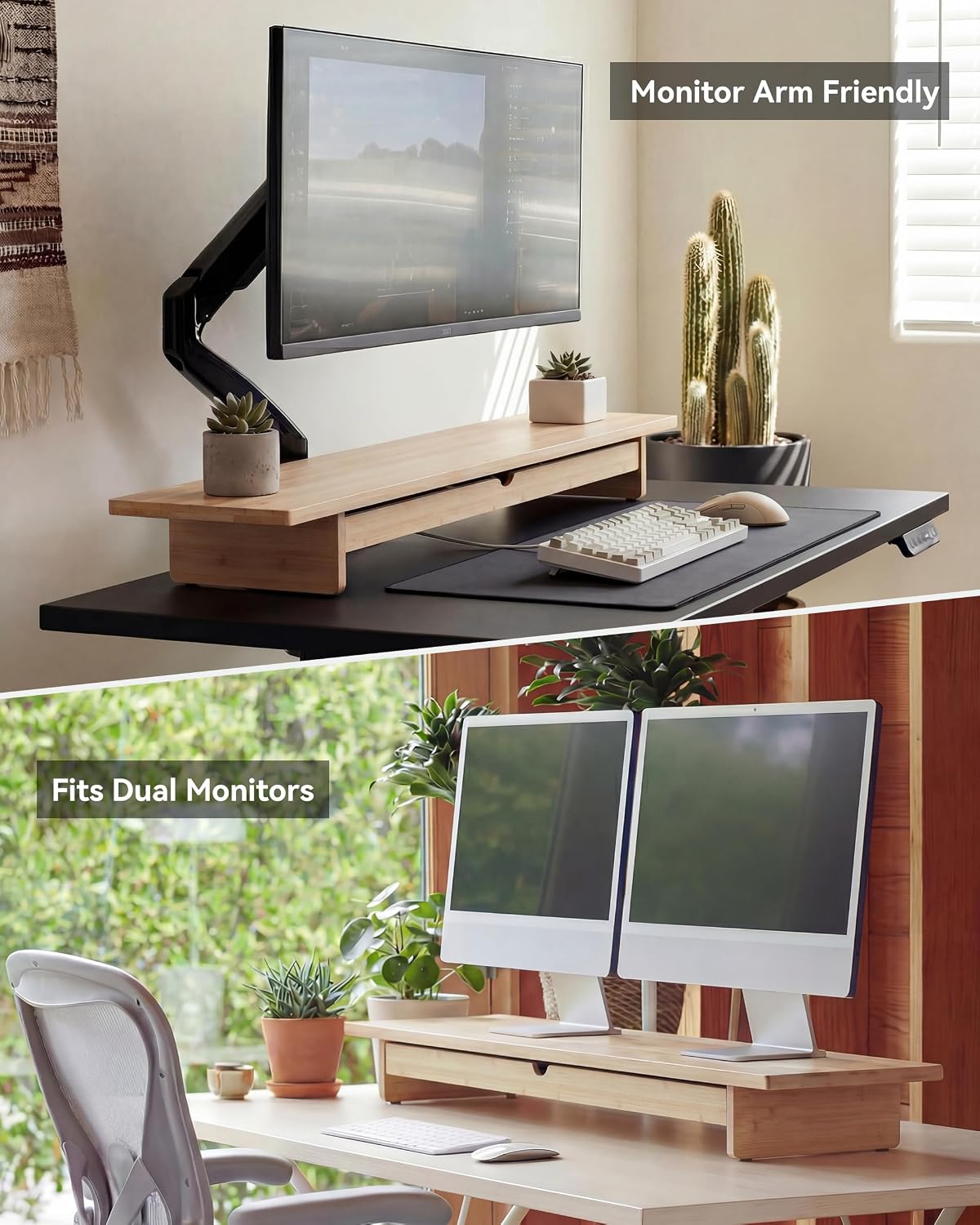 Dual Monitor Stand Riser with Drawer,Wood Desk Storage Shelf