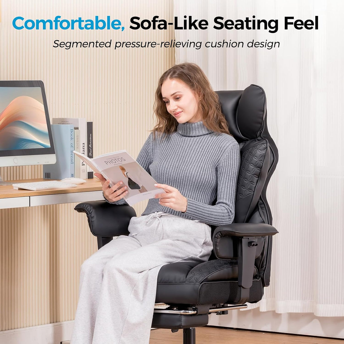 COMHOMA Big and Tall Office Chair Heavy Duty Wide Ergonomic Gaming Chair with Deluxe Embossing Leather with Foot Rest 145°Reclining Adjustable Armrests Pocket Spring Back Support and Without Pillow