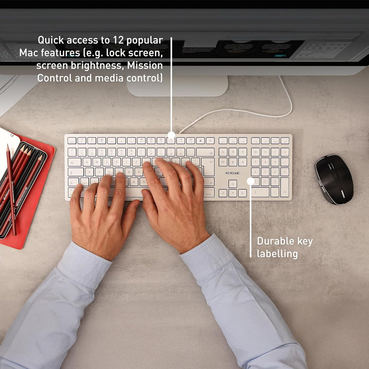 Cherry KC 6000 Slim for MAC, Wired Mac Keyboard with Number Pad, USB-A Connection, Whisper-Quiet Keys, Thin Design, SX Scissor Switches, QWERTY, Silver/White