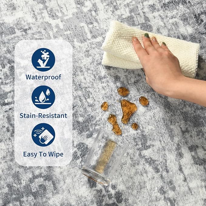 Living Room Rug 7x10 Gray Area Rugs Machine Washable Abstract Boho Large Rug