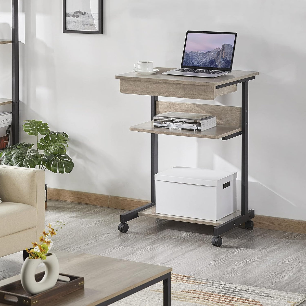 Yaheetech Tiny Mobile Computer Desk, 3-Tier Rolling Cart with Drawer, Gray