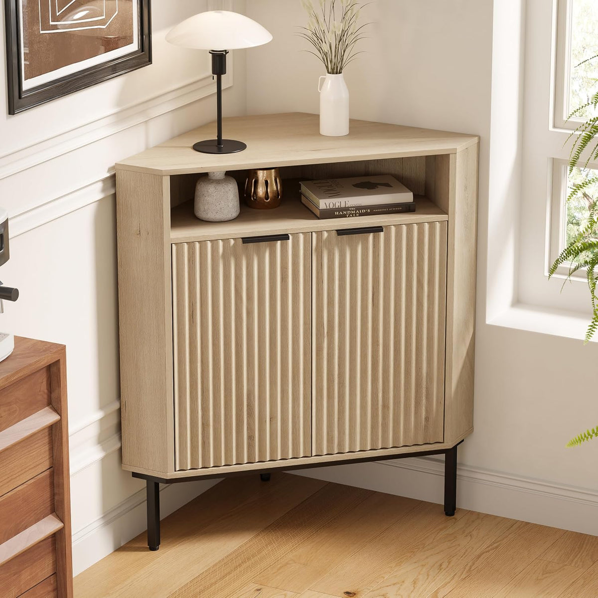 Fluted Corner Cabinet with Storage, Modern Floor Cabinets with Adjustable Shelf & Metal Legs Wooden Narrow Cabinet Organizer for Living Room Kitchen, Light Oak