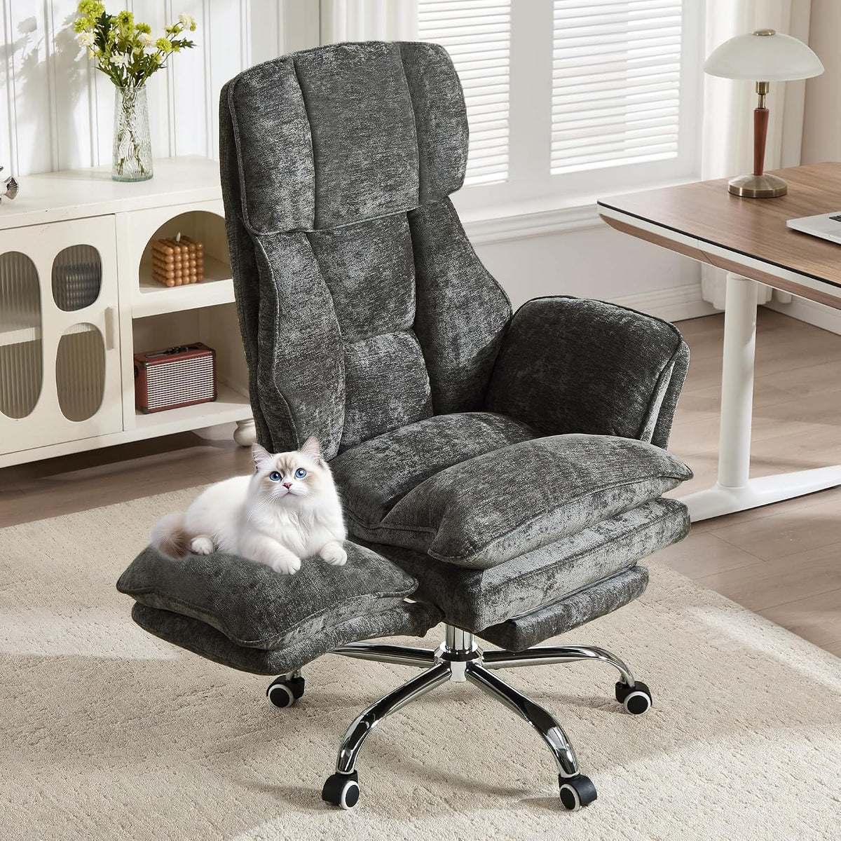 Big and Tall Office Chair with Flip Arms and Footrest, Chenille Criss Cross Legged Home Office Desk Chair with Pet Seat, Comfy Reclining Computer Gaming Chair, Dark Grey