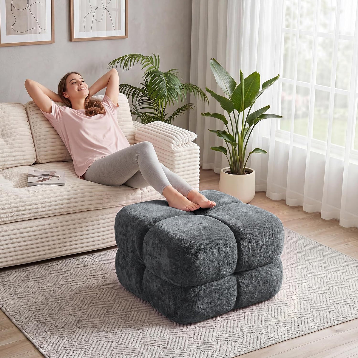 Bubble Chenille Ottoman, Foot Rest Stool for Couch, Grey