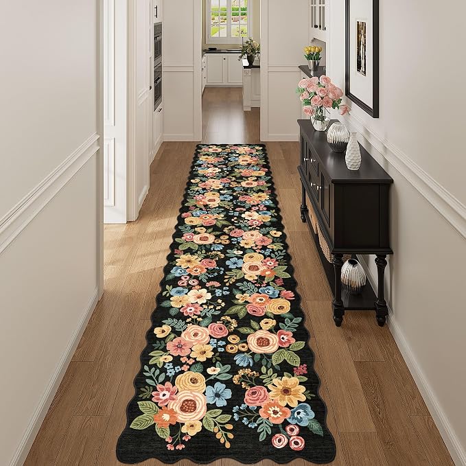 DUKINO 2x12 Runner Rug for Hallway, Soft Floral Washable Kitchen Runner Rug