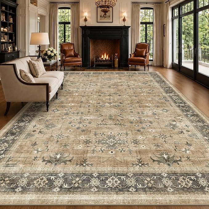 Natural Earthy 7x9 Area Rug for Living Room, Washable Bedroom Carpet, Oriental