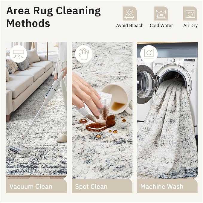 Soalmost 5x8 Area Rugs Blue Ivory Low Pile Indoor Washable Trendy Faded Style