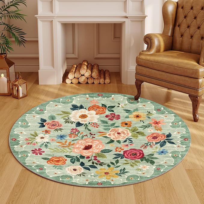 DUKINO Floral Round Rug, 4ft Washable Round Area Rug, Non Slip Indoor Low Pile