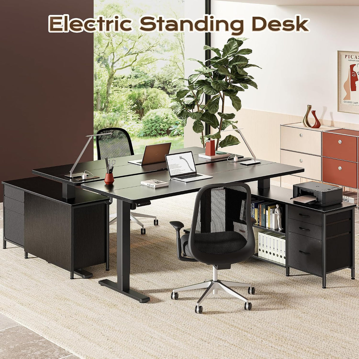 PRAISUN 55.1'' L Standing Desk with Outlets, Cabinet with Shelves, Drawers