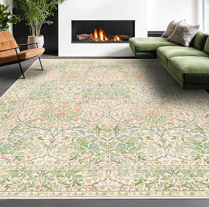 Vintage Washable Beige Green 10x14 Rug