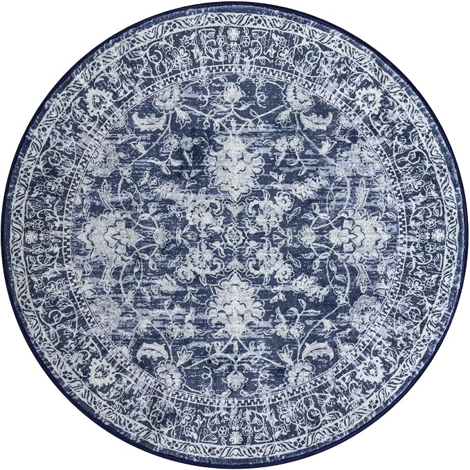 KILOCOCO Area Rug 5ft Round Living Room Rug Washable Printed Vintage Floral