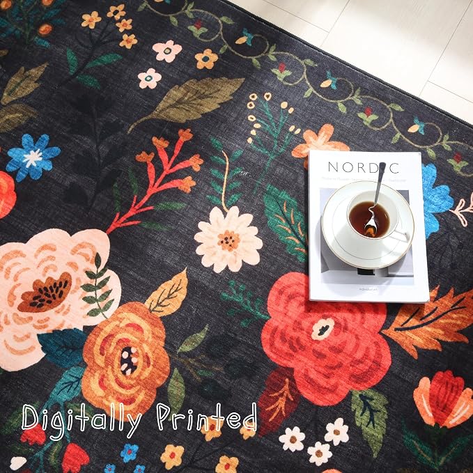 Rugcomf Round Rug 6ft Washable Circle Rug Non Slip Low Pile Boho Floral Small