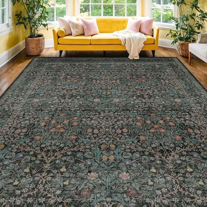 Washable Dark Green 10x12 Rug for Living Room