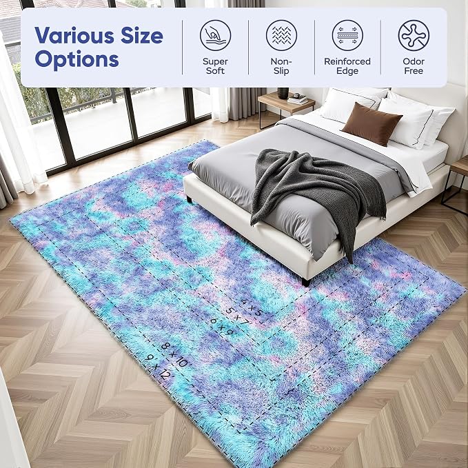 Rainbow Fluffy Rugs for Girls Bedroom: 4x6 Large Shag High Pile Area Rug