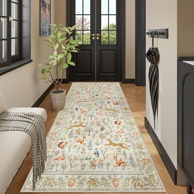 DUKINO 3x8 Washable Runner Rug, Low Pile Animal Print Non Slip Long Runner Rug