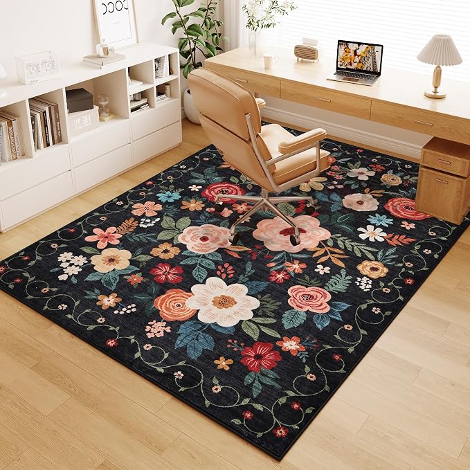DUKINO 5x7 Area Rug, Floral Design, Lightweight Non Slip Washable, Indoor Low