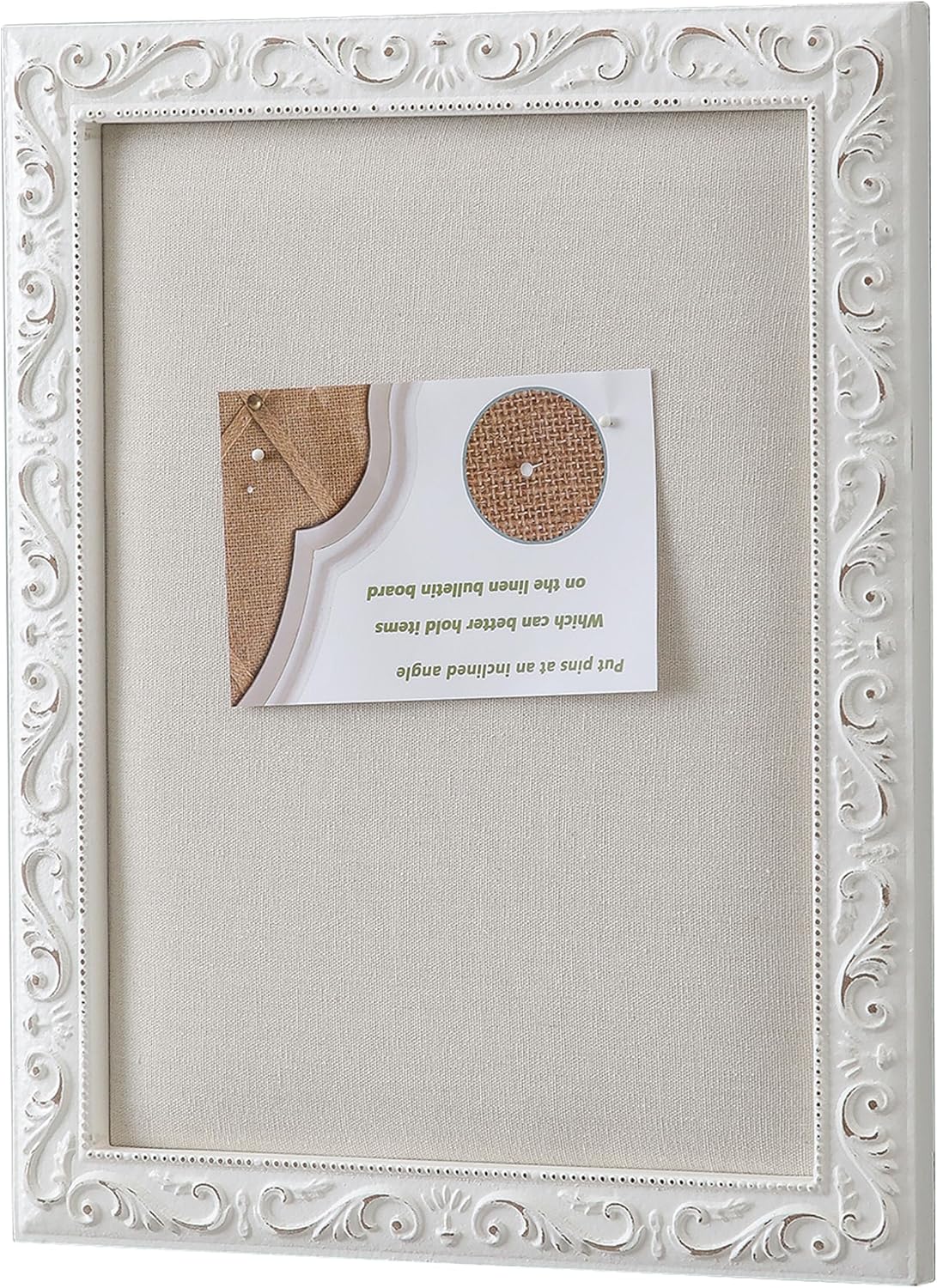 SOFE Small Linen Bulletin Board - White Wood Framed Memo Board 16 × 13 Inch