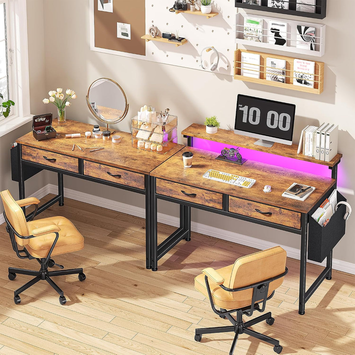 DurayLoly Gaming Desk with 2 Drawers &LED Lights,Space Saving,Rustic Brown