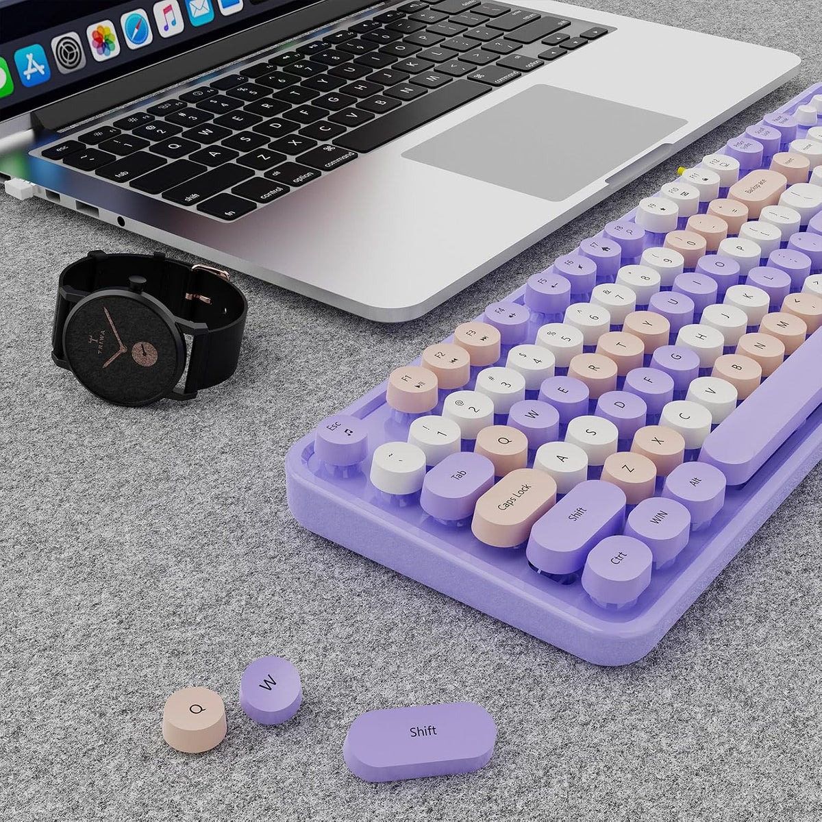 SkyGive Wireless Keyboard and Mouse Combo, Ergonomic Full Size Typewriter Retro Round Keycaps Keyboard, Compatible with Windows, PC, Perfer for Home and Office Keyboards (Lavender Purple