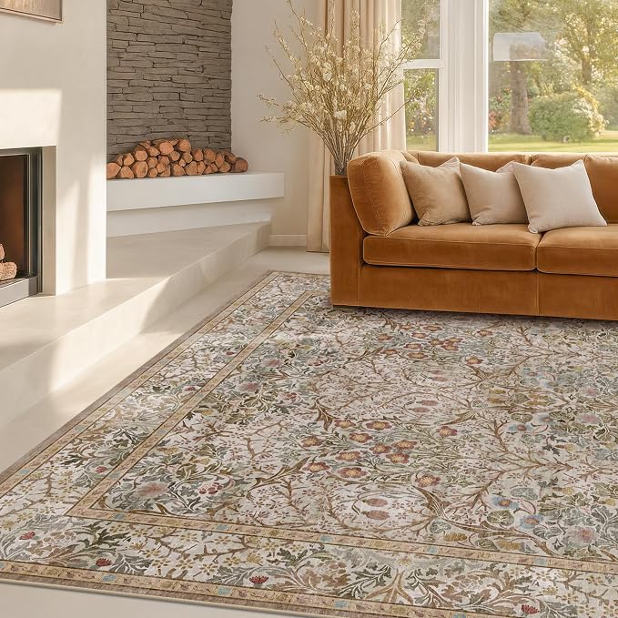 Hazo Haus Vintage Moss Green Living Room Rug, Neutral Taupe 8x10 Washable Area