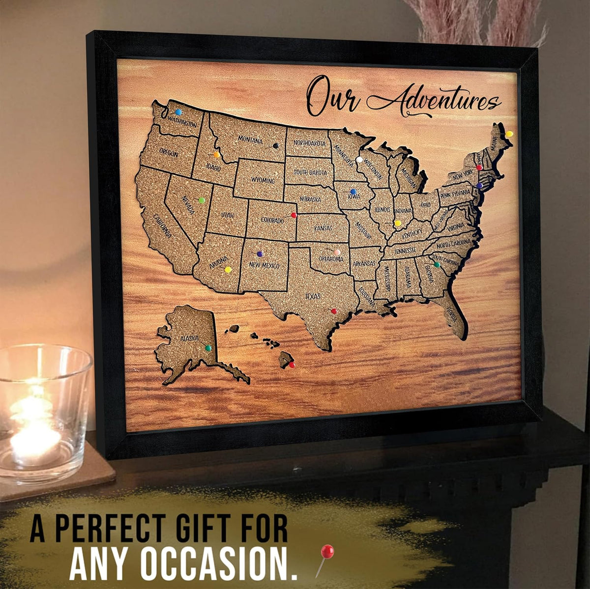 flinelife Cork Board Usa Travel Map With Pins, 13x11, Medium Size, Map of United States, Perfect For Couples and Families Gift