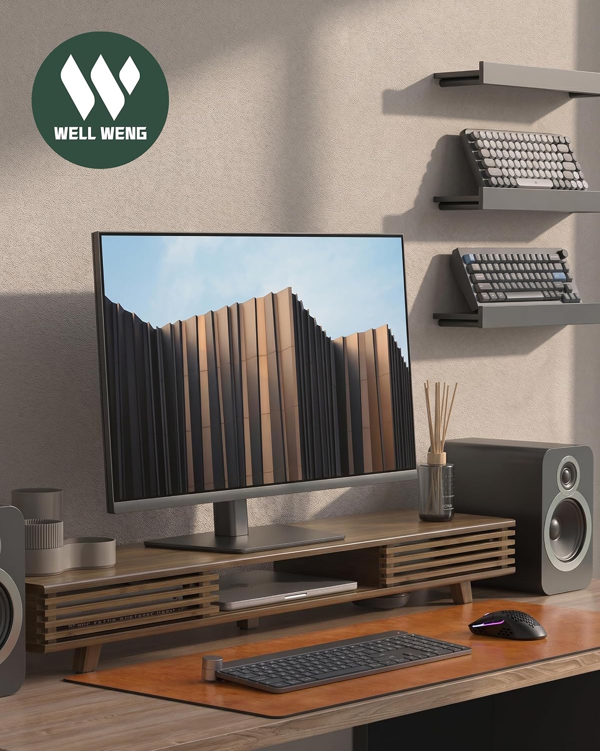 Computer Monitor Stand with Sliding Door,42 Inch,Toasted Bamboo