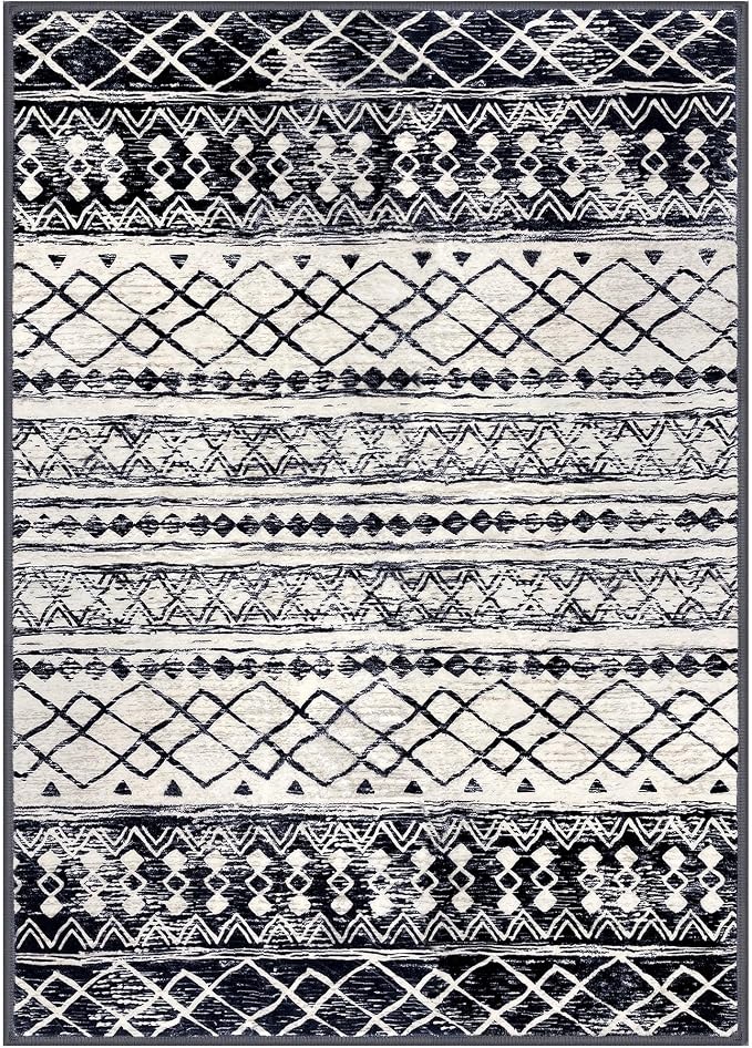 KUTA Moroccan Area Rugs 9x12 Living Room Black Navy Blue, Large Washable Boho