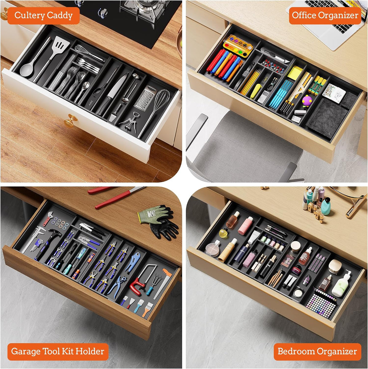 Bamboo Expandable Silverware Drawer Organizer 11 Slots Utensil Holder Black
