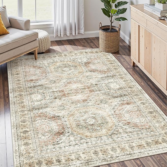 Soalmost 5x7 Area Rugs Brown Pink Low Pile Indoor Washable Trendy Faded Style