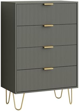 Masupu 4 Drawer Dresser, Drawer Chest, Tall Storage Dresser Chest Cabinet Organizer Unit with Gold Metal Legs, Nightstand for Bedroom, Living Room, Closet, Hallway Gray Stripe