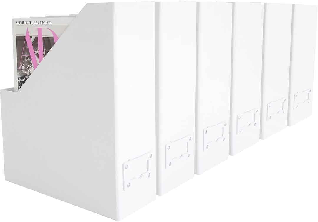 BLU MONACO Set of 6 Foldable White Magazine File Holders | Vertical Desk File Organizer Boxes With Leather Label Holders | Stylish Cardboard Magazine Storage for Shelves, Workspace and Home Office
