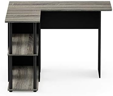 Furinno Abbott L-Shape Computer Desk with Bookshelf, French Oak Grey/Black