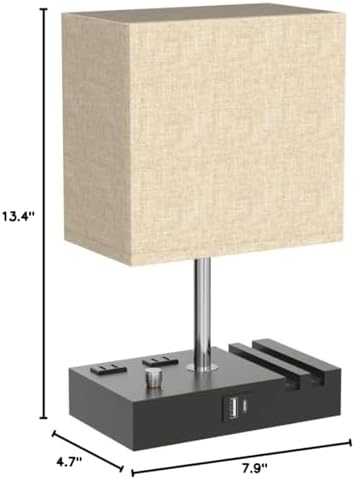 Beige Table Lamp for Bedroom - Stepless Dimmable, USB C+A, 2 AC Outlets