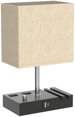 Beige Table Lamp for Bedroom - Stepless Dimmable, USB C+A, 2 AC Outlets